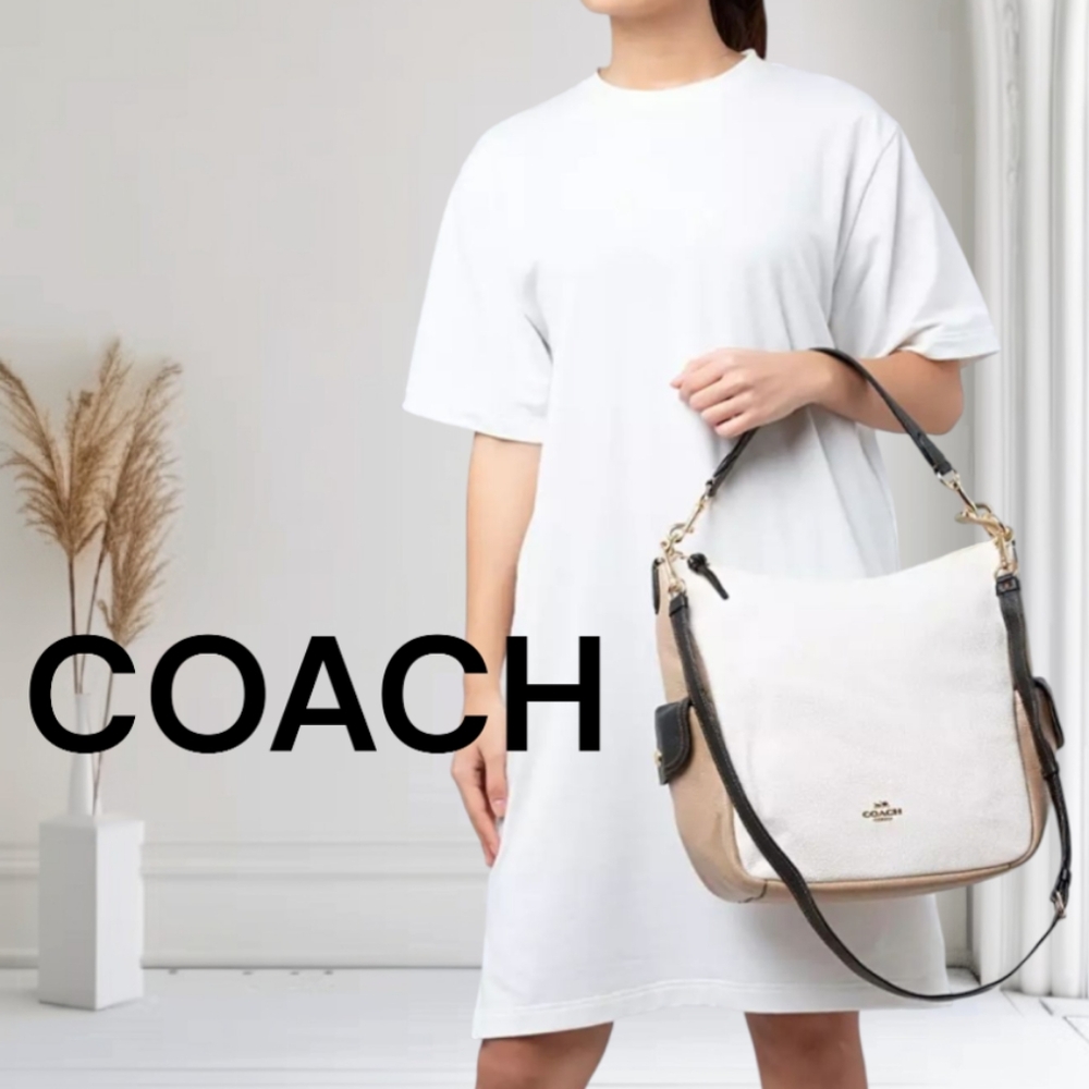 COACH HOBO BAG LARGE SLOUCHY Colorblock Tan Black Chalk Crossbody Shoulder Bag